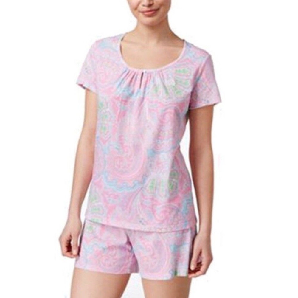 Lauren Ralph Lauren 2PC Pajama Set Womens Pink Floral Paisley Top Shorts Sz M‎